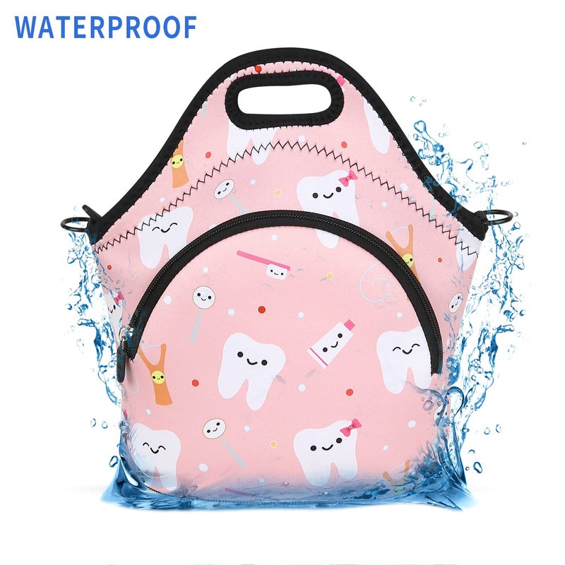 Violet Mist Neoprene Thermal Insulated Lunch Bag Tote for Women, Soft Large with Extra Pocket, Adjustable Shoulder Strap, Pink Teeth - Image 5